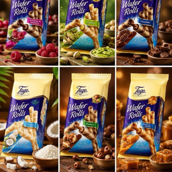 Tago Wafer Rolls - 150g - 6 different flavours (Pistachio, Coconut, Vanilla, Chocolate, Caramel, Peanuts)